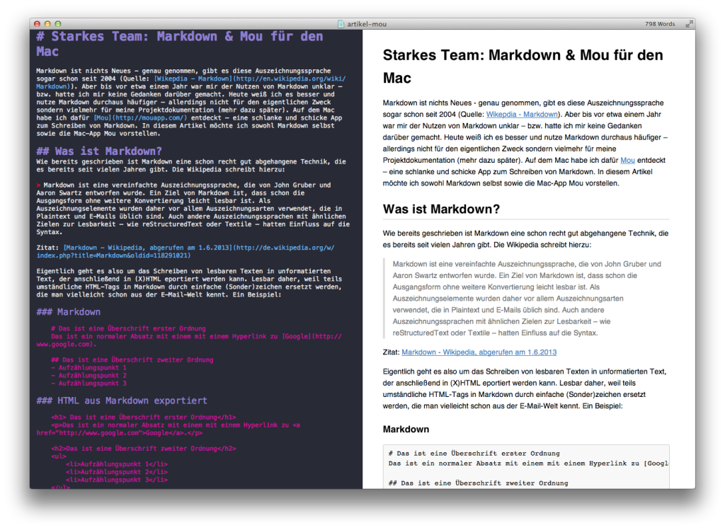 Screenshot Mou Markdown Editor für OSX