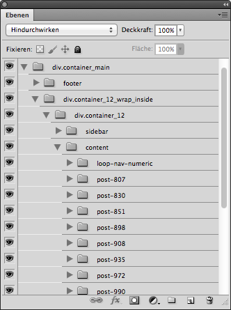 In der Ebenenpalette von Photoshop befinden sich alle Elemente der Website logisch gruppiert gemäß der HTML-Struktur
