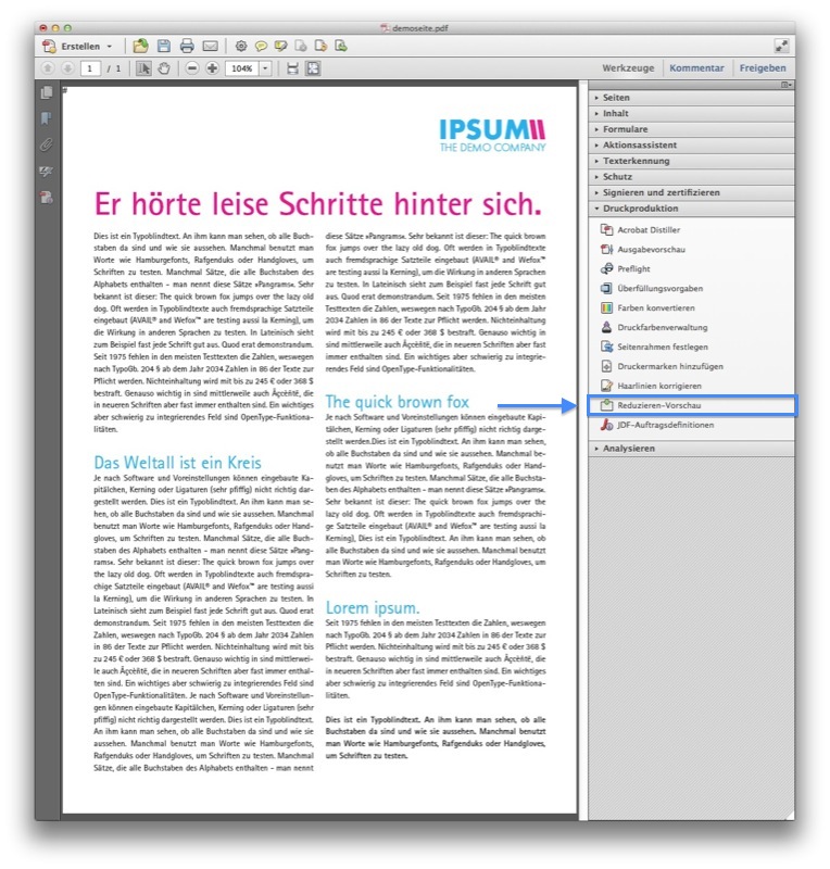 Schritt 4: In der Werkzeugleiste links wählen wir nun „Druckproduktion” → „Reduzieren-Vorschau” (Screenshot Acrobat)