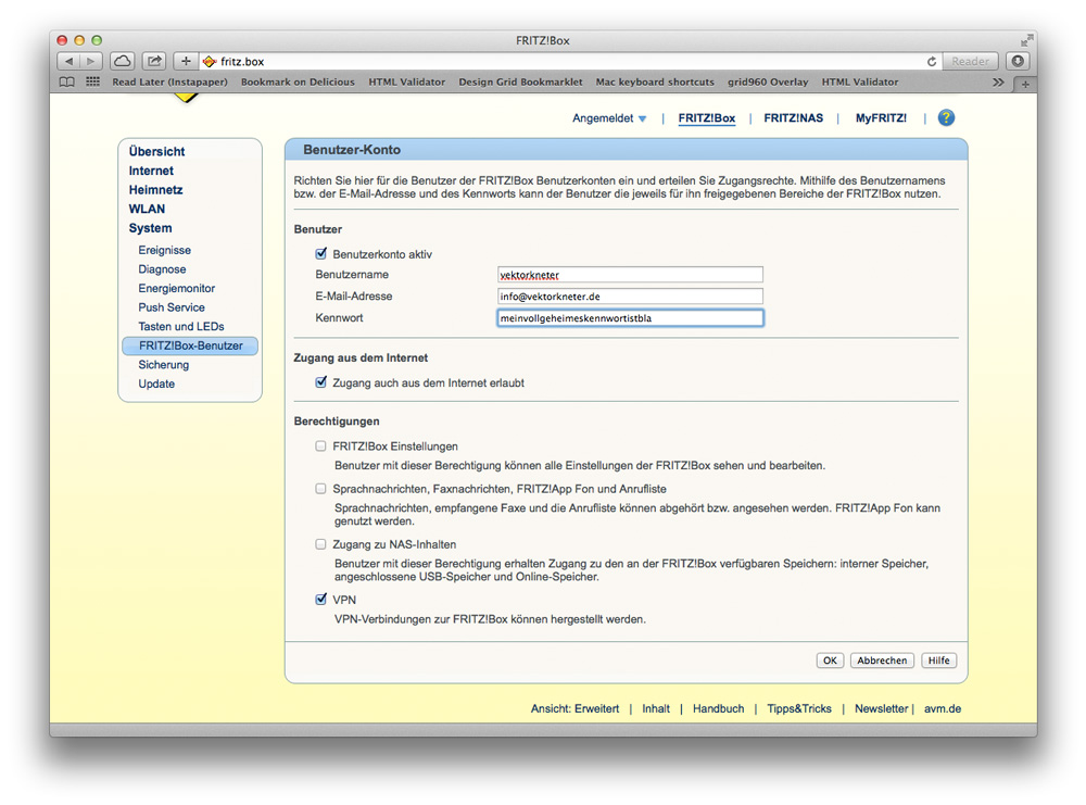 Unter System --> FRITZ!Box-Benutzer wird der neue Nutzer für den VPN-Zugang angelegt (Screenshot: Verwaltungsoberfläche der FRITZ!Box)