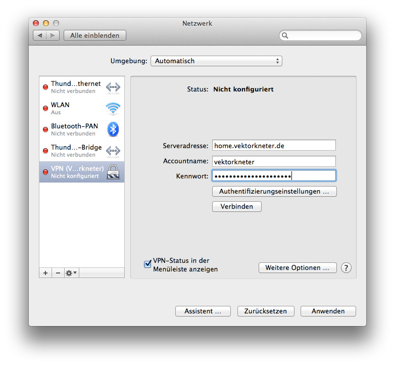 Server-Adresse (zuvor gewählten Domainnamen) und den in der FRITZ!Box vergeben Nutzernamen samt Passwort eingeben ((Screenshot: Mac OS 10.9 Mavericks))