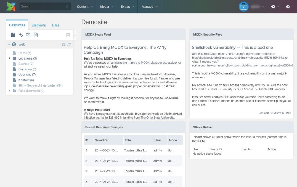 Das Dashboard von MODX Revolution™