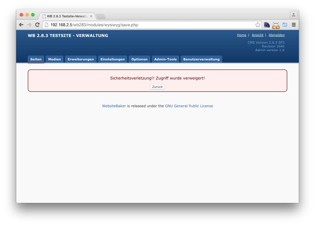 Wer den "SecureForm Switcher" in WebsiteBaker 2.8.3 auf "Multi Tab" stellt, erhält anschließend beim Speichern im Chrome die Meldung "Sicherheitsverletzung!! Zugriff verweigert!"