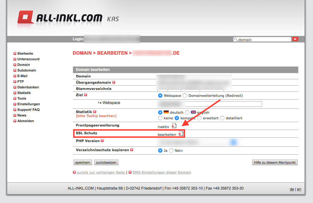 SSL-Schutz in den Domain-Einstellungen (Screenshot: Kundenadministrationssystem KAS von all-inkl.com)