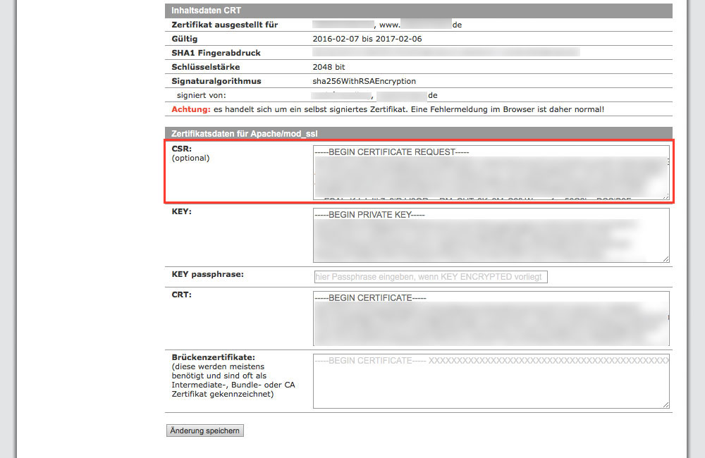 Der Certificate Signing Request (CSR) wird später benötigt (Screenshot: Kundenadministrationssystem KAS von all-inkl.com)