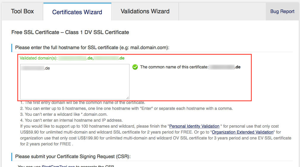 Im nächsten Schritt gibt man den/die Hostnamen ein, für den/die das Zertifikat gelten soll (Screenshot: StartCom Website)