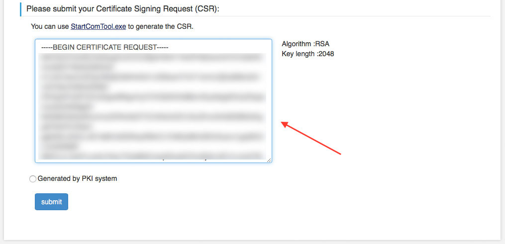 Im letzten Schritt wird hier der Inhalte des der von all-inkl.com generierten Certificate Signing Request (CSR) rein kopiert (Screenshot: StartCom Website)