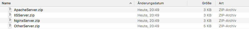 In der ZIP-Datei befinden sich weitere ZIPs mit spezifischen Dateien je eingesetzten Webserver (Screenshot: OSX Finder)