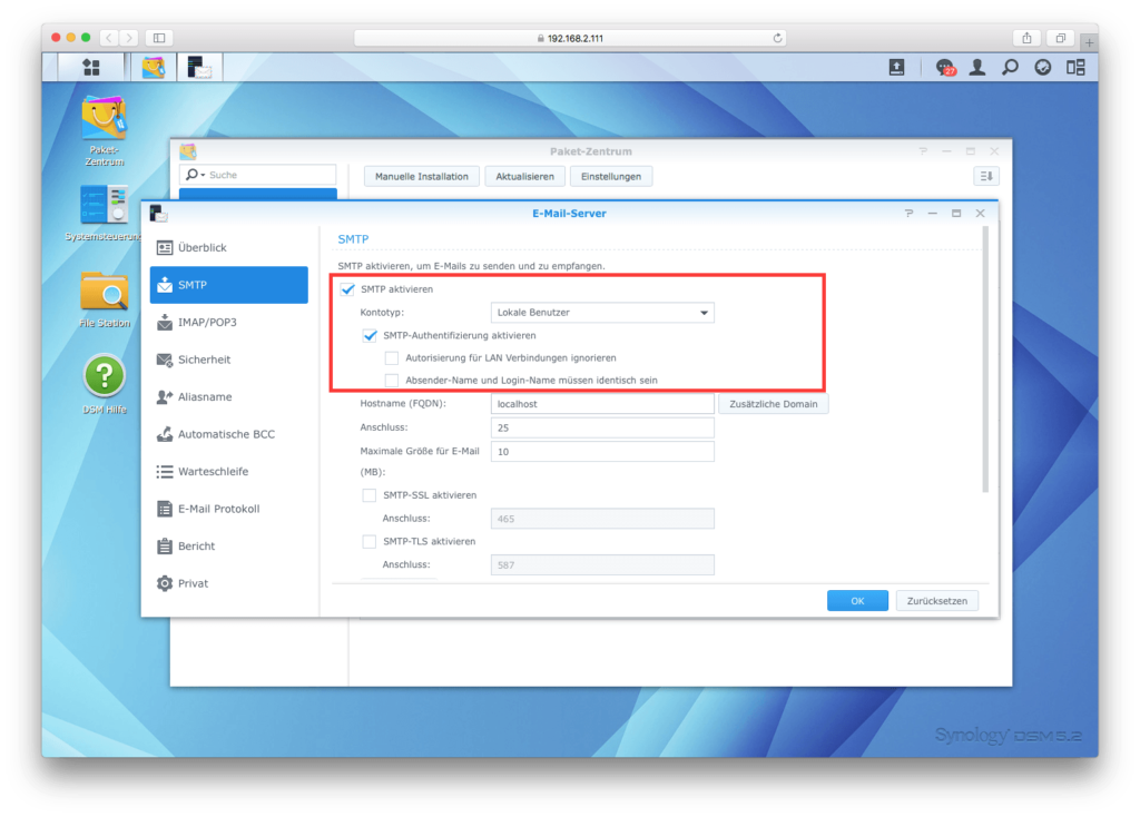 Mail-Server auf der DiskStation einrichten: SMTP